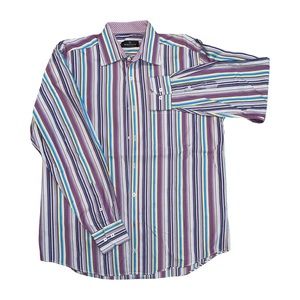 Bugatchi Uomo Flip Cuff Button Front Shirt Men's Medium Multicolor Stripes Sz L